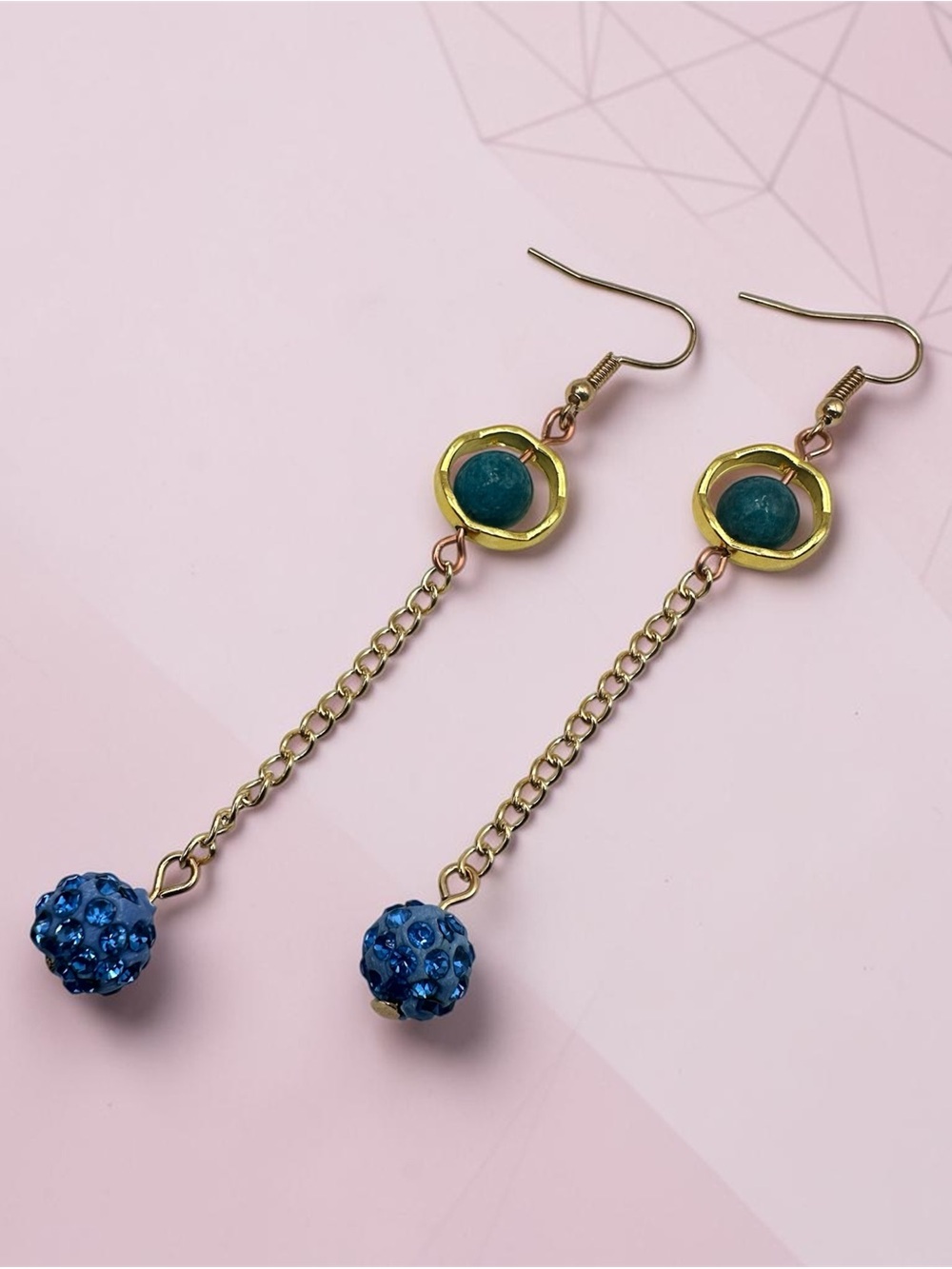 Handmade Blue Beaded Dangle Earrings Gold Chain Sparkle Drop Jewelry